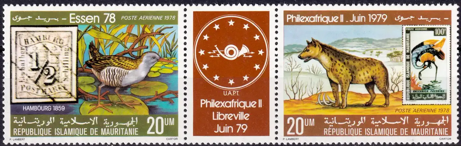 Mauritania 1978 Birds, Mammals Airmail - Int. Stamp Exhibition "ESSEN '78" - Essen, West Germany & "PHILEXAFRIQUE '79" - Libreville, Gabon (tab/2v). MNH(**) Mauritania 1978 Birds, Mammals Airmail - Int. Stamp Exhibition "ESSEN '78" - Essen, West Germany & "PHILEXAFRIQUE '79" - Libreville, Gabon (tab/2v). MNH(**)