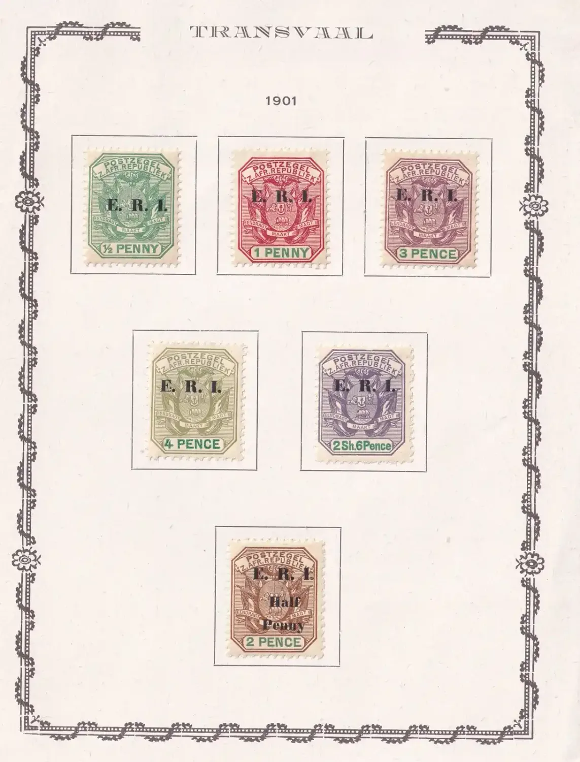 Transvaal 1901 Special Edition, Postage Stamps Overprinted 'E. R. I' (6v). MH Transvaal 1901 Special Edition, Postage Stamps Overprinted 'E. R. I' (6v). MH