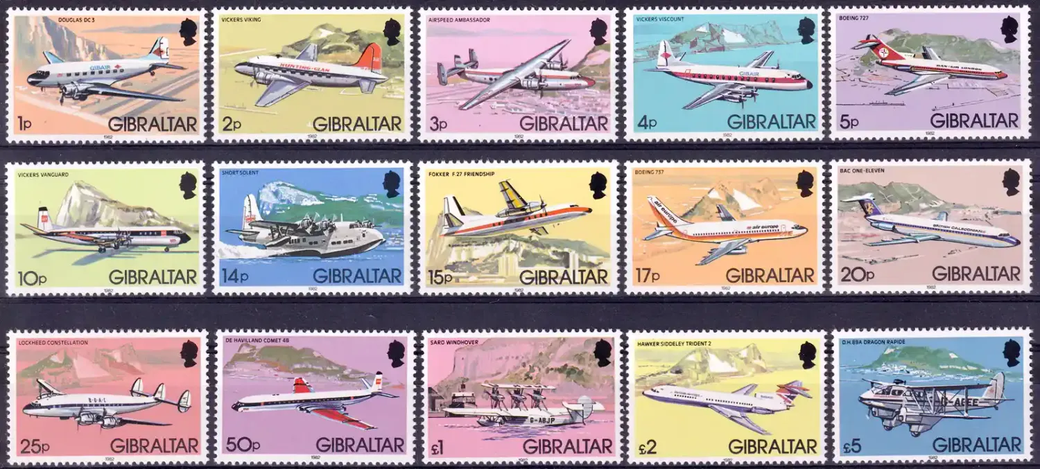 Gibraltar 1982 Airplanes, Aviation (15v). MNH(**) Gibraltar 1982 Airplanes, Aviation (15v). MNH(**)