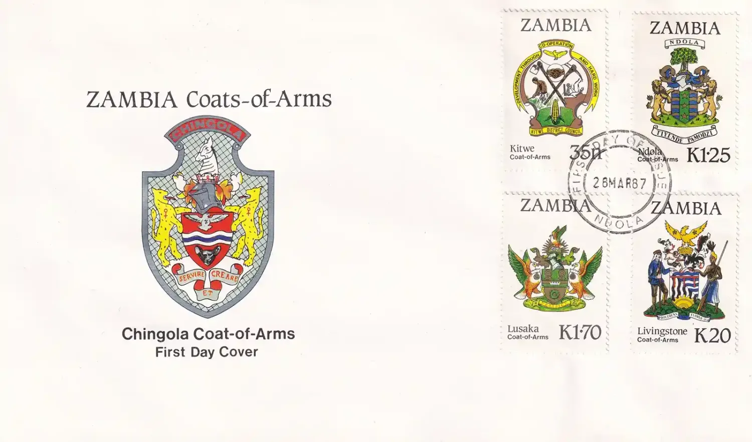 Zambia 1987 Coat of Arms, FDC Zambia 1987 Coat of Arms, FDC
