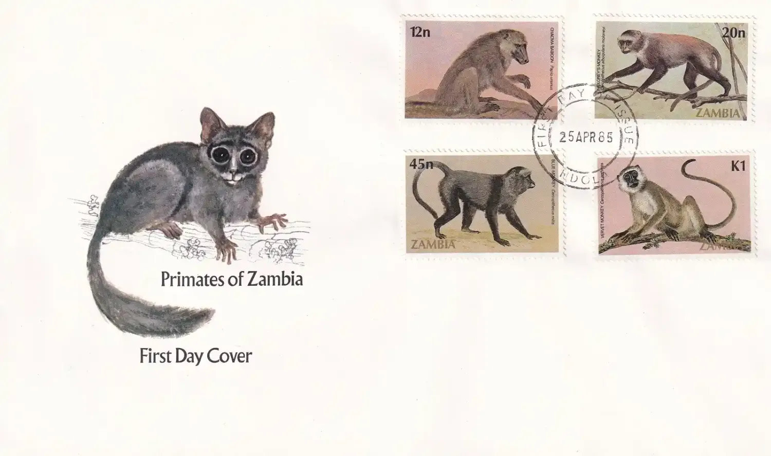 Zambia 1985 Mammals, Monkeys FDC