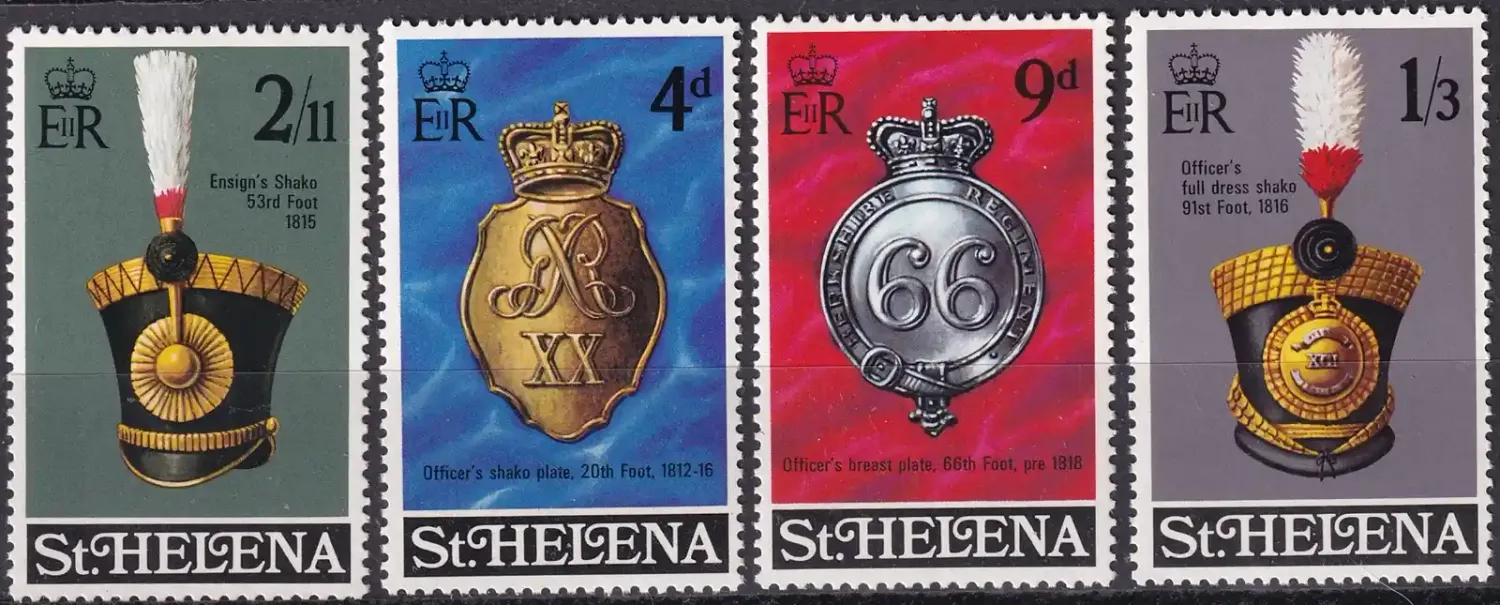 St. Helena 1970 Cockades and Helmets of the Royal British Army from the 19th Century (4v) MNH(**) St. Helena 1970 Cockades and Helmets of the Royal British Army from the 19th Century (4v) MNH(**)