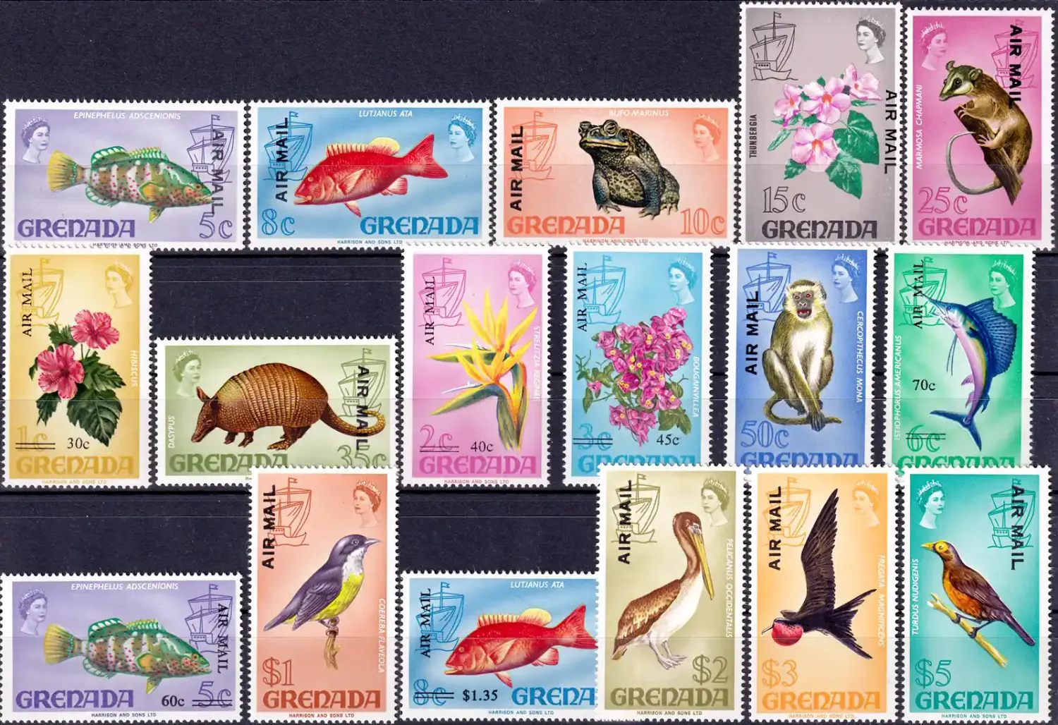 Grenada 1972 (Overprint) Fauna and Flora: Birds, Mammals, Flowers, Marine Life. (17v) - MNH(**) Grenada 1972 (Overprint) Fauna and Flora: Birds, Mammals, Flowers, Marine Life. (17v) - MNH(**)