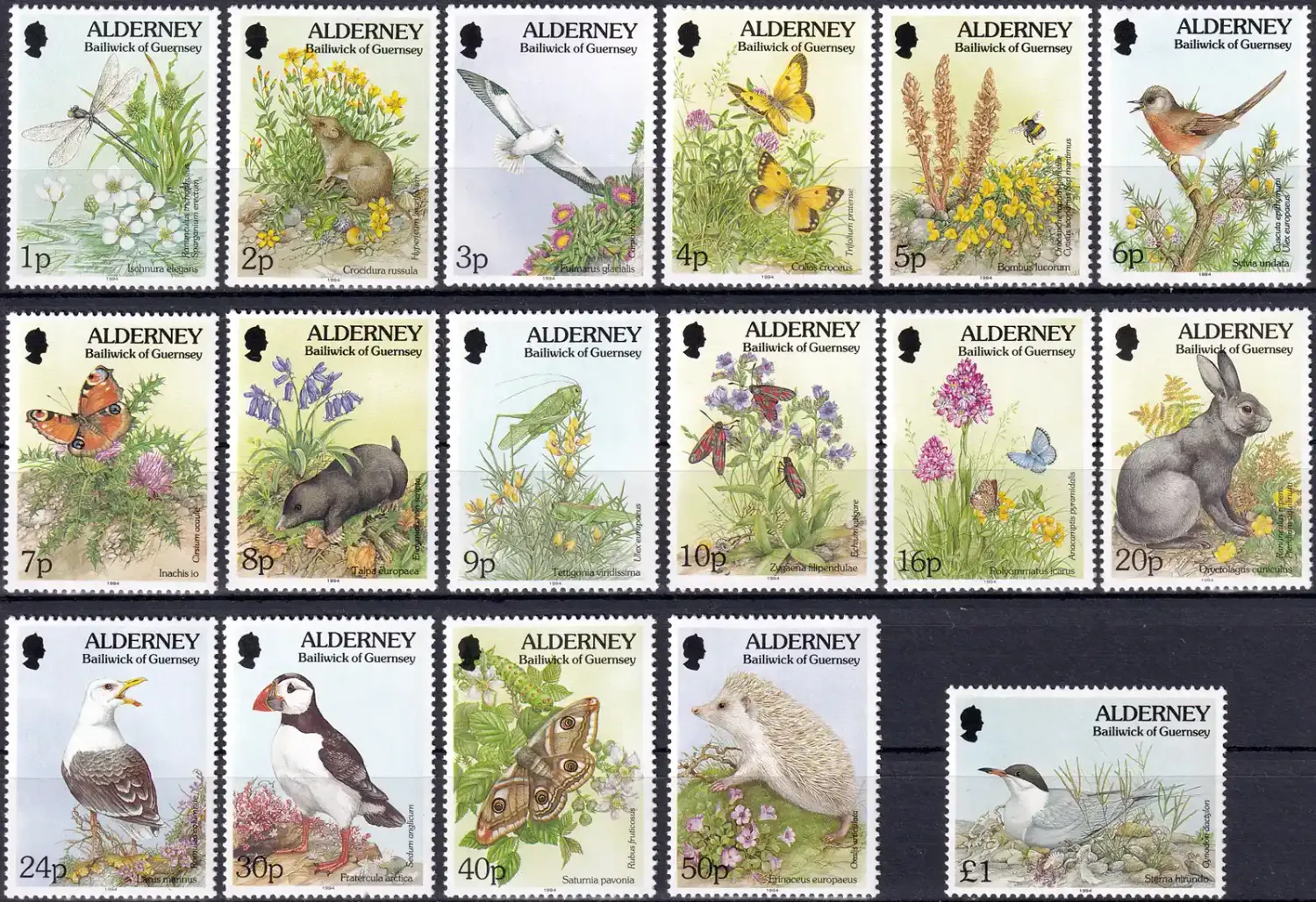 Alderney 1994 Fauna & Flora: Birds, Mammals, Butterflies, Flowers (17v) MNH(**) Alderney 1994 Fauna & Flora: Birds, Mammals, Butterflies, Flowers (17v) MNH(**)