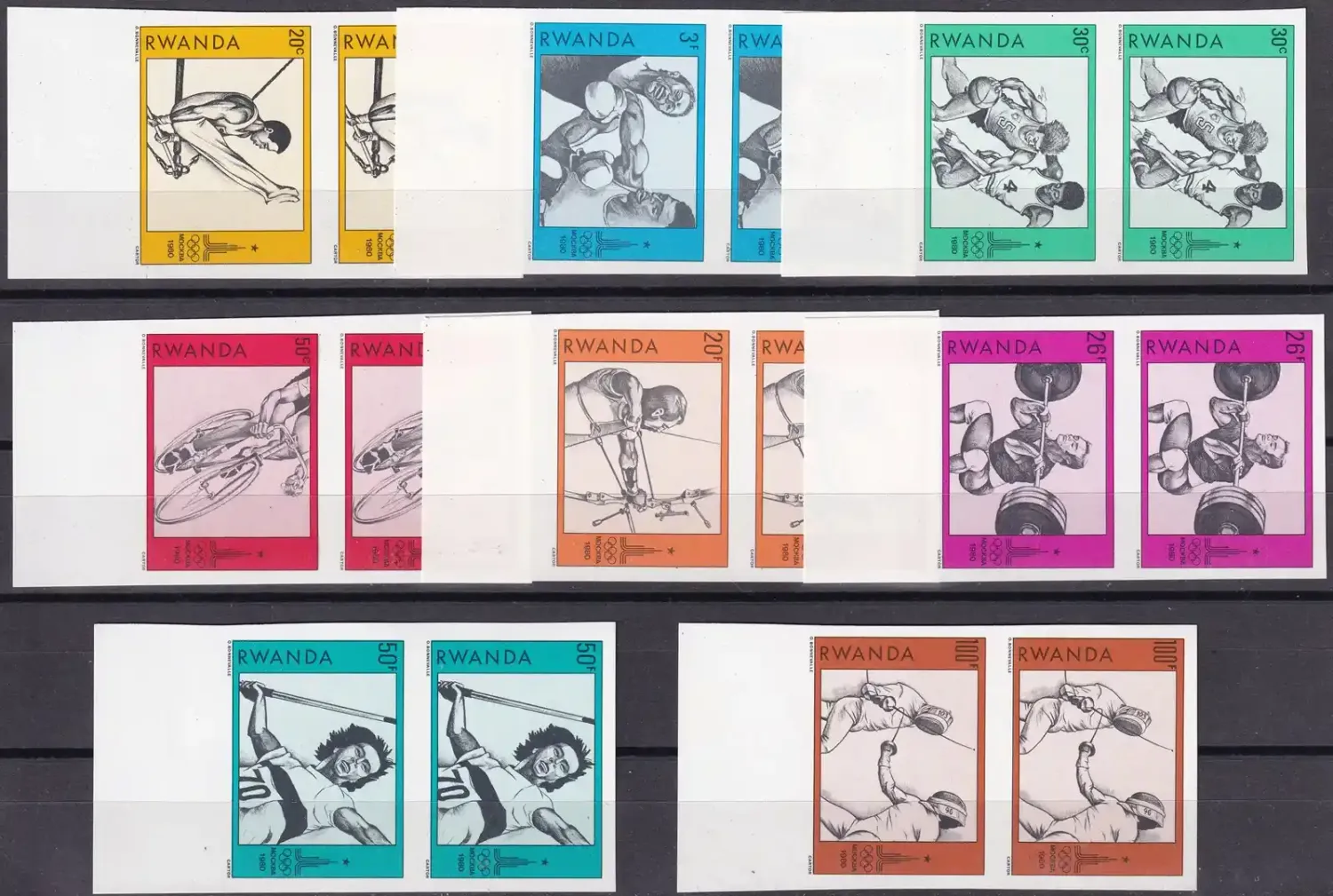 Rwanda 1980 Olympic Games - Moscow, USSR (Imperf pairs) (8v). MNH(**) Rwanda 1980 Olympic Games - Moscow, USSR (Imperf pairs) (8v). MNH(**)