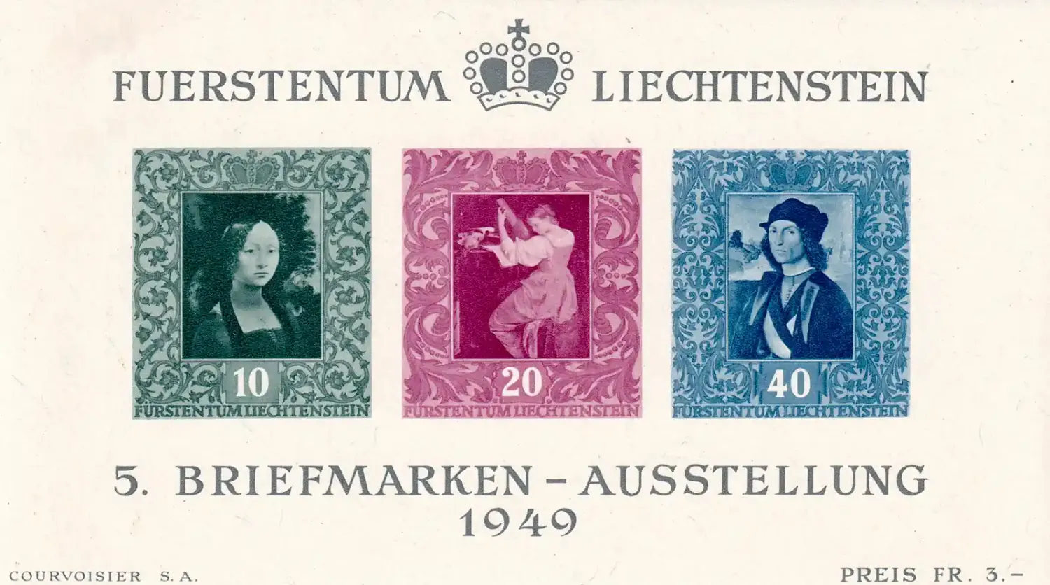 Liechtenstein 1949 The 5th National Stamp Exhibition (ss/3v). MNH(**) Liechtenstein 1949 The 5th National Stamp Exhibition (ss/3v). MNH(**)
