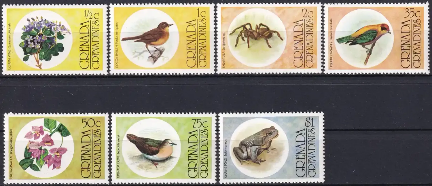 Grenada Grenadines 1976 Flora and Fauna. Birds, Frogs, Insects, Flowers (7v). MNH(**)