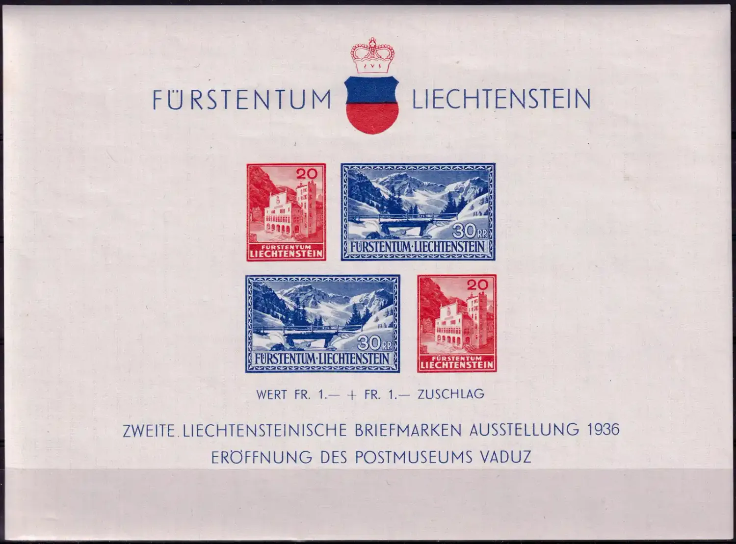 Liechtenstein 1936 Opening of the Postal Museum in Vaduz and the 2nd National Stamp Exhibition (ss/4v). MNH(**) Liechtenstein 1936 Opening of the Postal Museum in Vaduz and the 2nd National Stamp Exhibition (ss/4v). MNH(**)