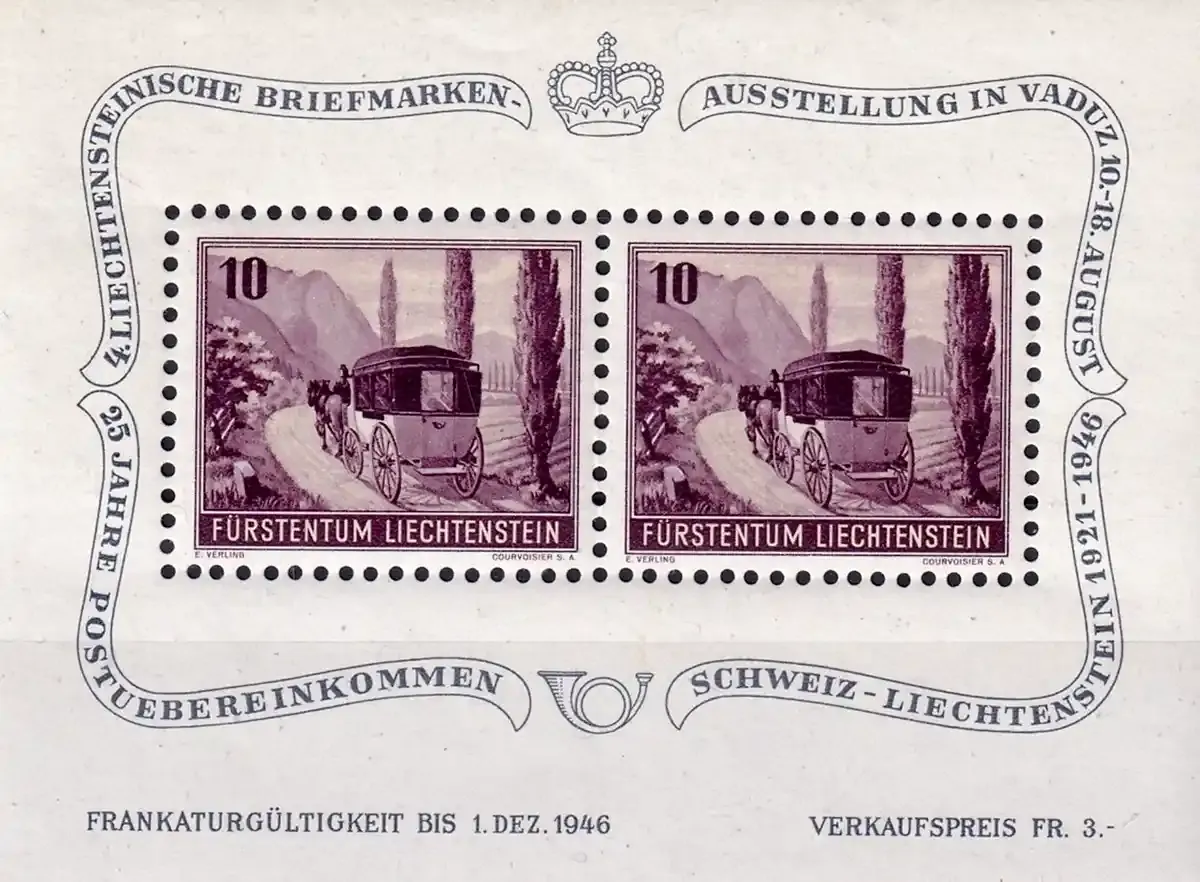 Liechtenstein 1946 The 4th National Stamp Exhibition (ss/2v). MNH(**) Liechtenstein 1946 The 4th National Stamp Exhibition (ss/2v). MNH(**)
