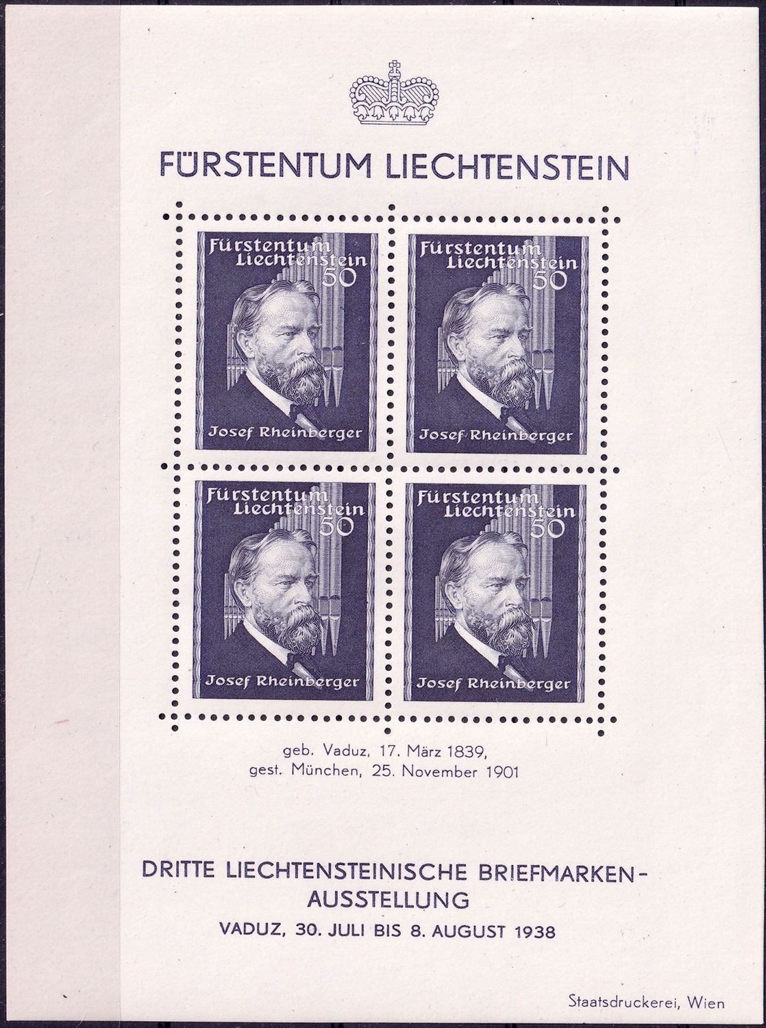 Liechtenstein 1938 The 3rd National Stamp Exhibition, Vaduz (ss/4v). MNH(**)
