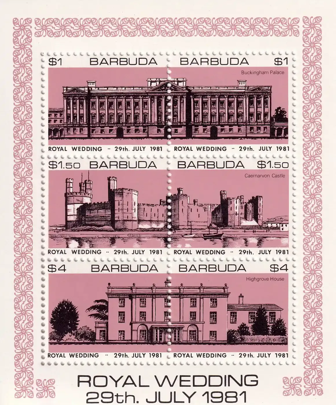 Barbuda 1981 Wedding of Prince Charles and Lady Diana Spencer (SS/6v). MNH(**) Barbuda 1981 Wedding of Prince Charles and Lady Diana Spencer (SS/6v). MNH(**)