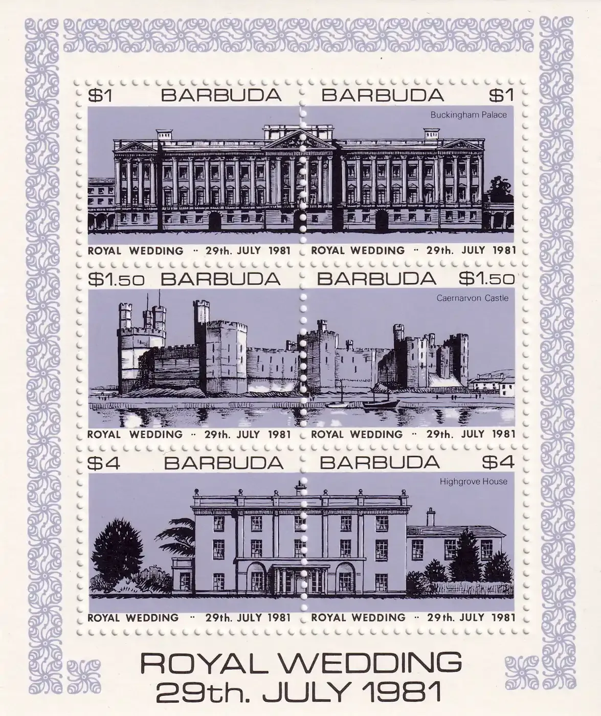 Barbuda 1981 Wedding of Prince Charles and Lady Diana Spencer (SS/6v). MNH(**) Barbuda 1981 Wedding of Prince Charles and Lady Diana Spencer (SS/6v). MNH(**)