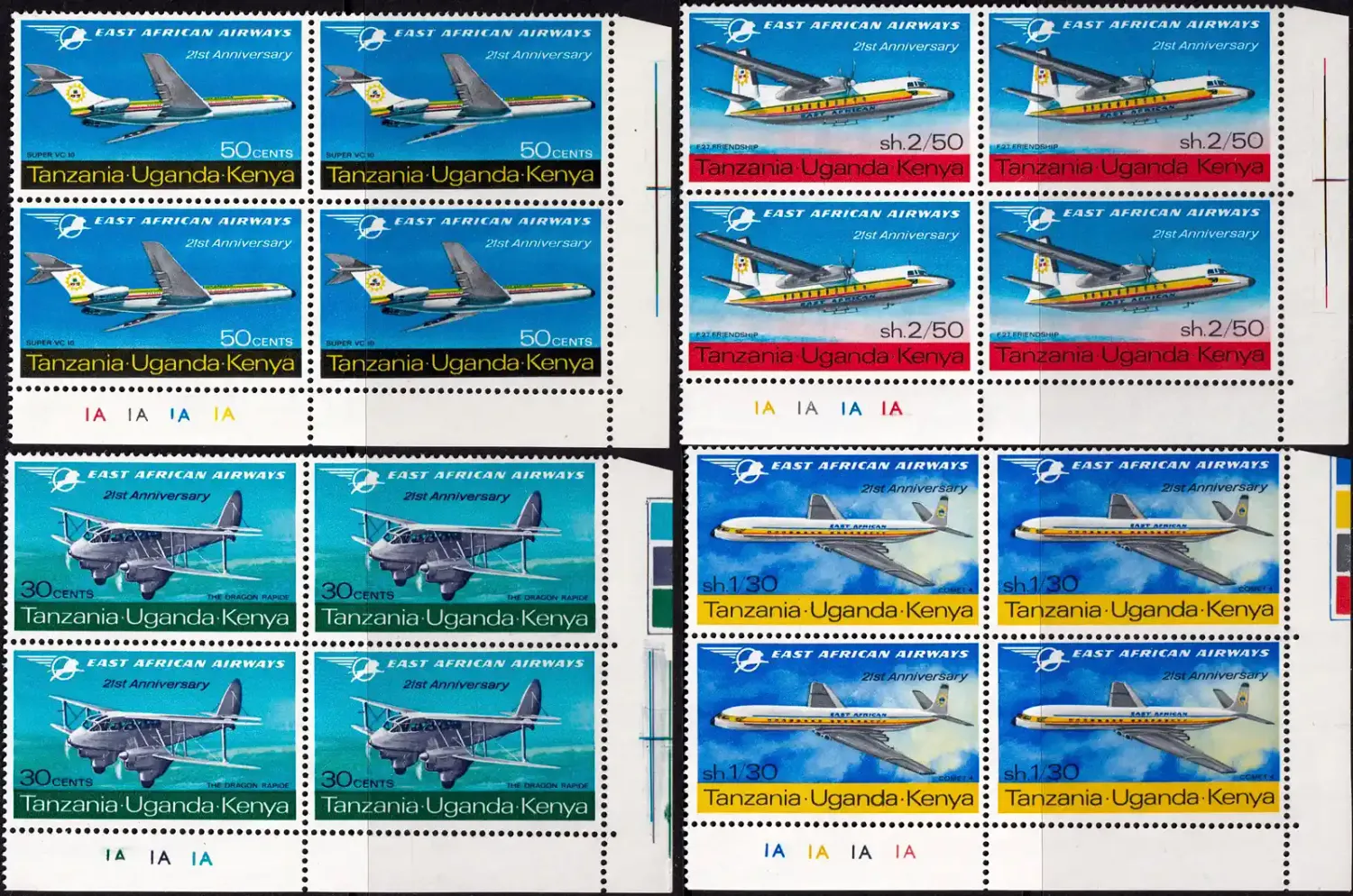 Kenya, Uganda and Tanganyika 1967 The 21st Anniv of East African Airways. Aviation (C/Blocks) MNH(**)