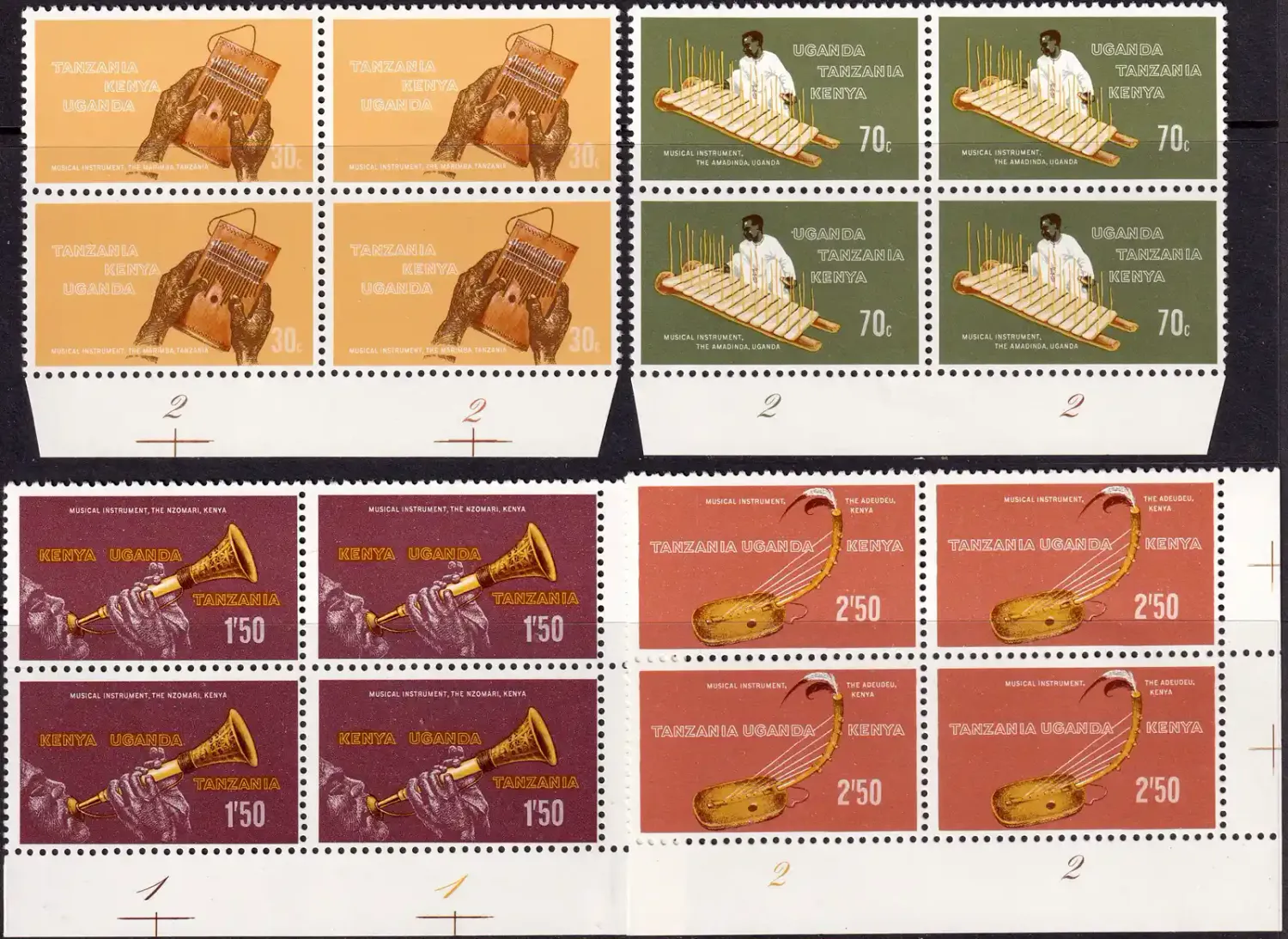 Kenya, Uganda and Tanganyika 1970 Traditional Musical Instruments (C/Blocks) MNH(**) Kenya, Uganda and Tanganyika 1970 Traditional Musical Instruments (C/Blocks) MNH(**)