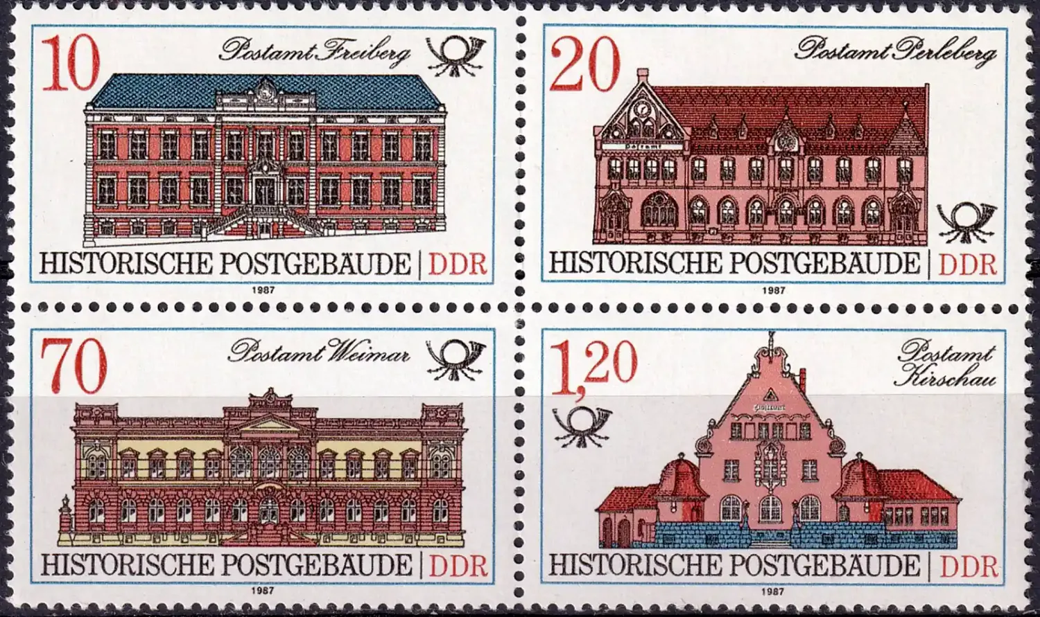 Germany East (DDR) 1987 Historical Post Office Buildings (blk/4v). MNH(**) Germany East (DDR) 1987 Historical Post Office Buildings (blk/4v). MNH(**)