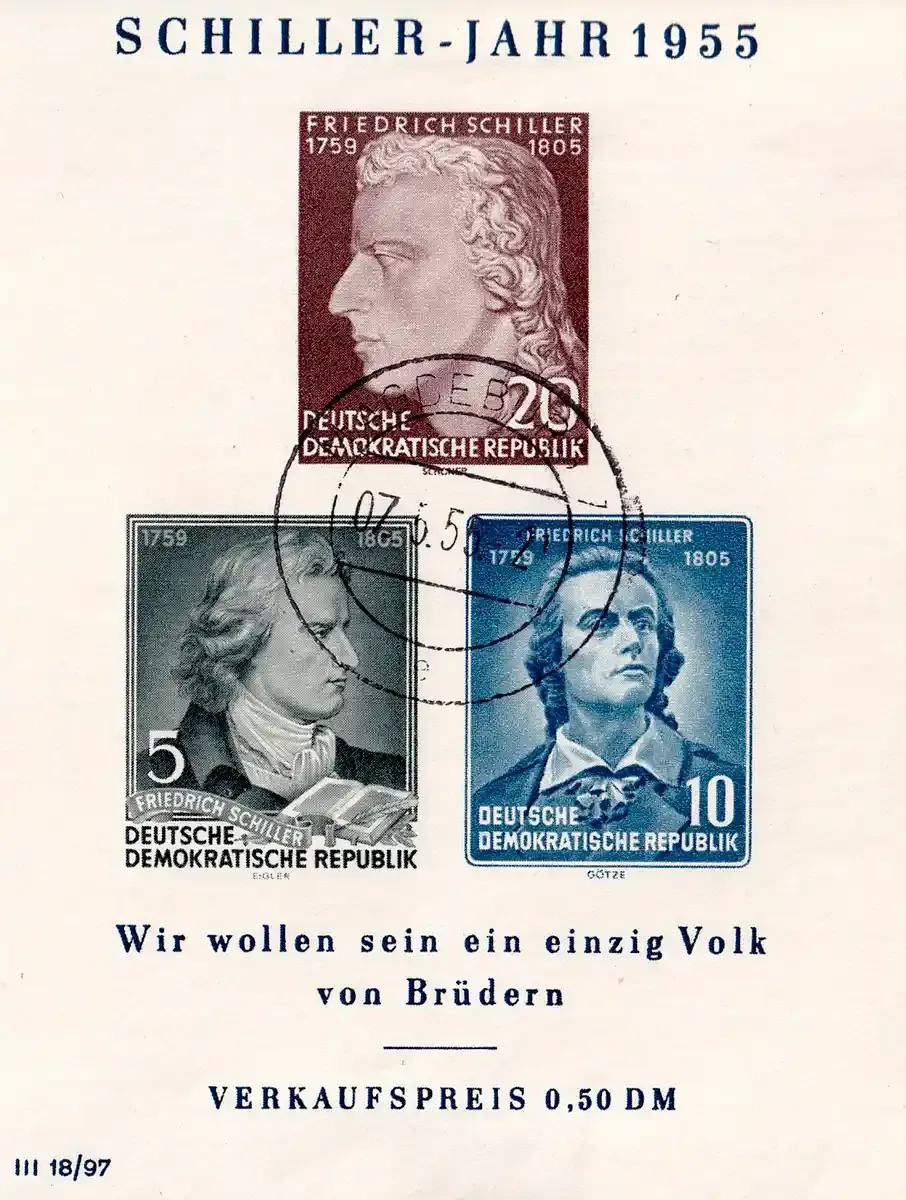 Germany East (DDR) 1955 The 150th Anniv of the Death of Friedrich von Schiller (ss/3v). Used Germany East (DDR) 1955 The 150th Anniv of the Death of Friedrich von Schiller (ss/3v). Used
