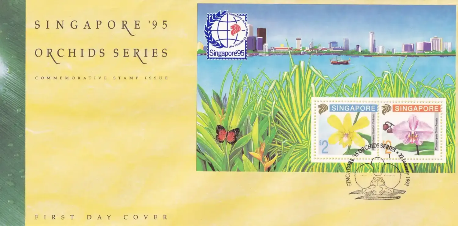Singapore 1992 Int. Stamp Exhibition "SINGAPORE '95" - Singapore - Orchids (ss/2v) FDC Singapore 1992 Int. Stamp Exhibition "SINGAPORE '95" - Singapore - Orchids (ss/2v) FDC