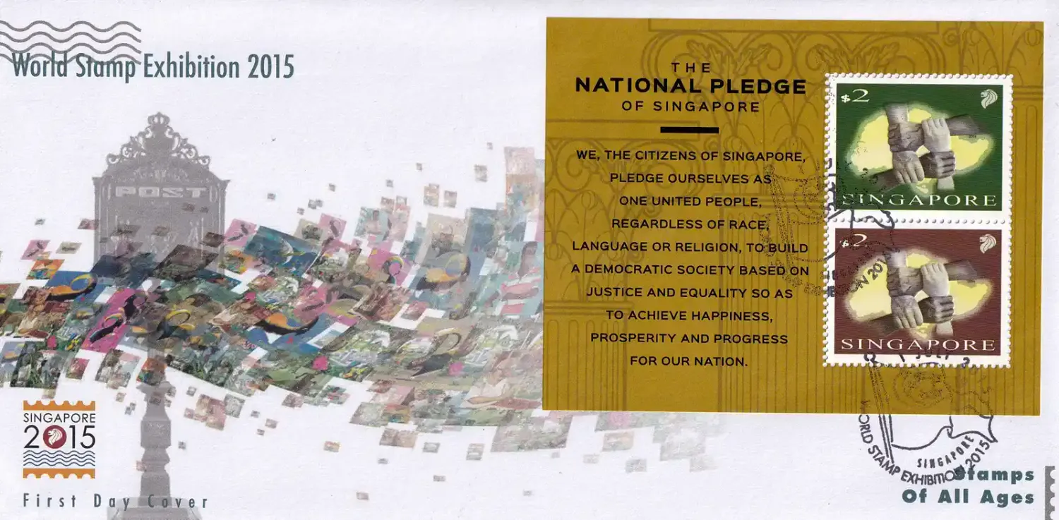 Singapore 2015 National Day - World Stamp Exhibition SINGAPORE 2015. (ss/2v) FDC Singapore 2015 National Day - World Stamp Exhibition SINGAPORE 2015. (ss/2v) FDC