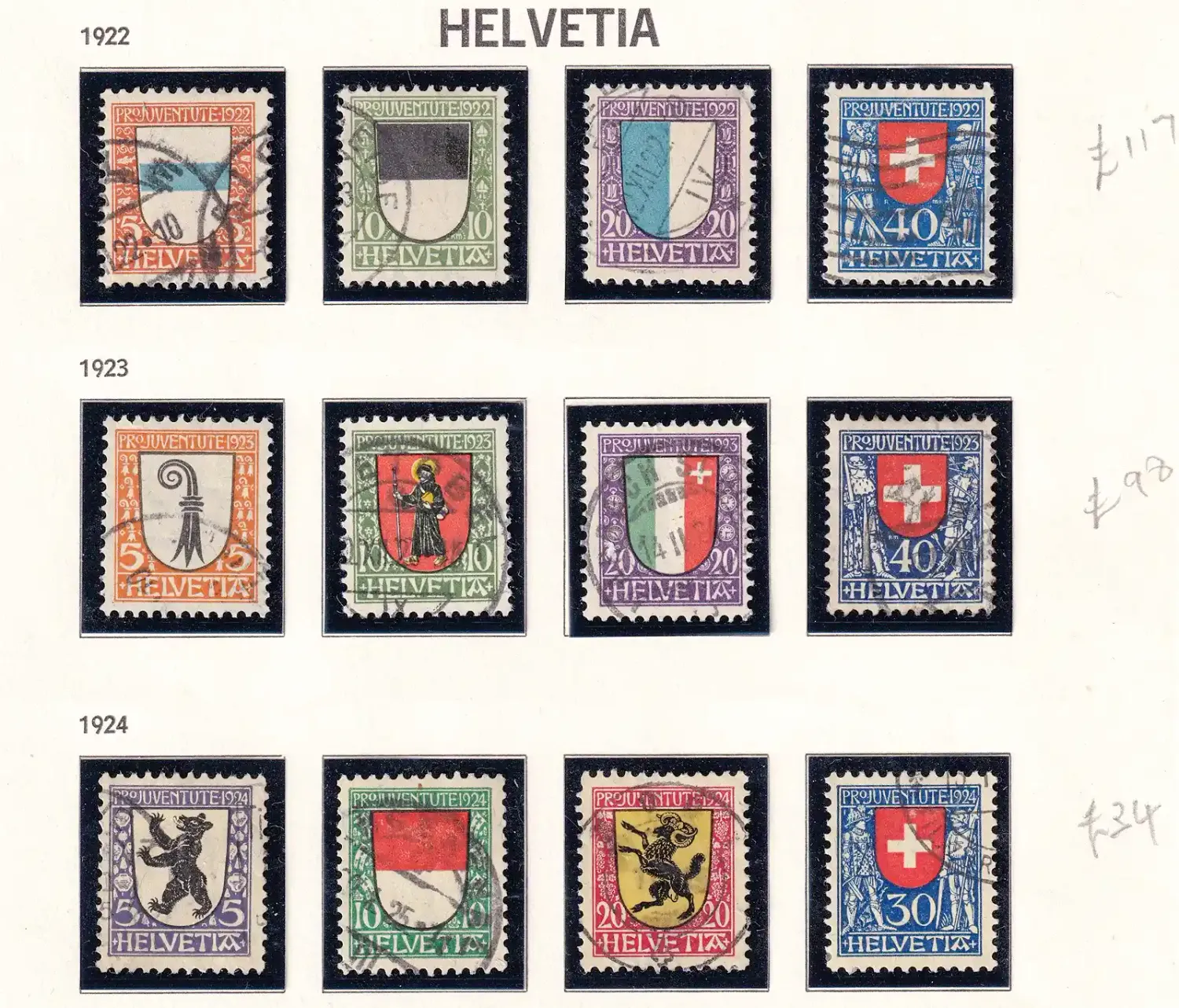 Switzerland 1922-1924 PRO JUVENTUTE - Coat of Arms (3 sets). VFU Switzerland 1922-1924 PRO JUVENTUTE - Coat of Arms (3 sets). VFU
