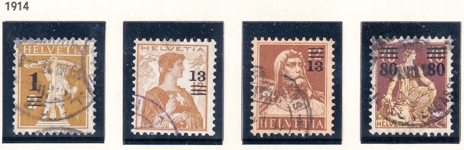 Switzerland, 1914 No.104, 107, 111 & 118 Surcharged. VFU Switzerland, 1914 No.104, 107, 111 & 118 Surcharged. VFU