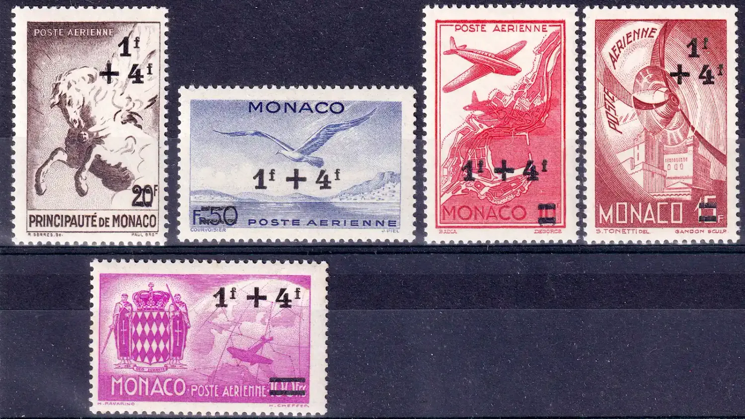Monaco 1945 Engraved Air Mail with overprint on 1942, Aviation, Birds, Horse (5v) MNH(**) Monaco 1945 Engraved Air Mail with overprint on 1942, Aviation, Birds, Horse (5v) MNH(**)