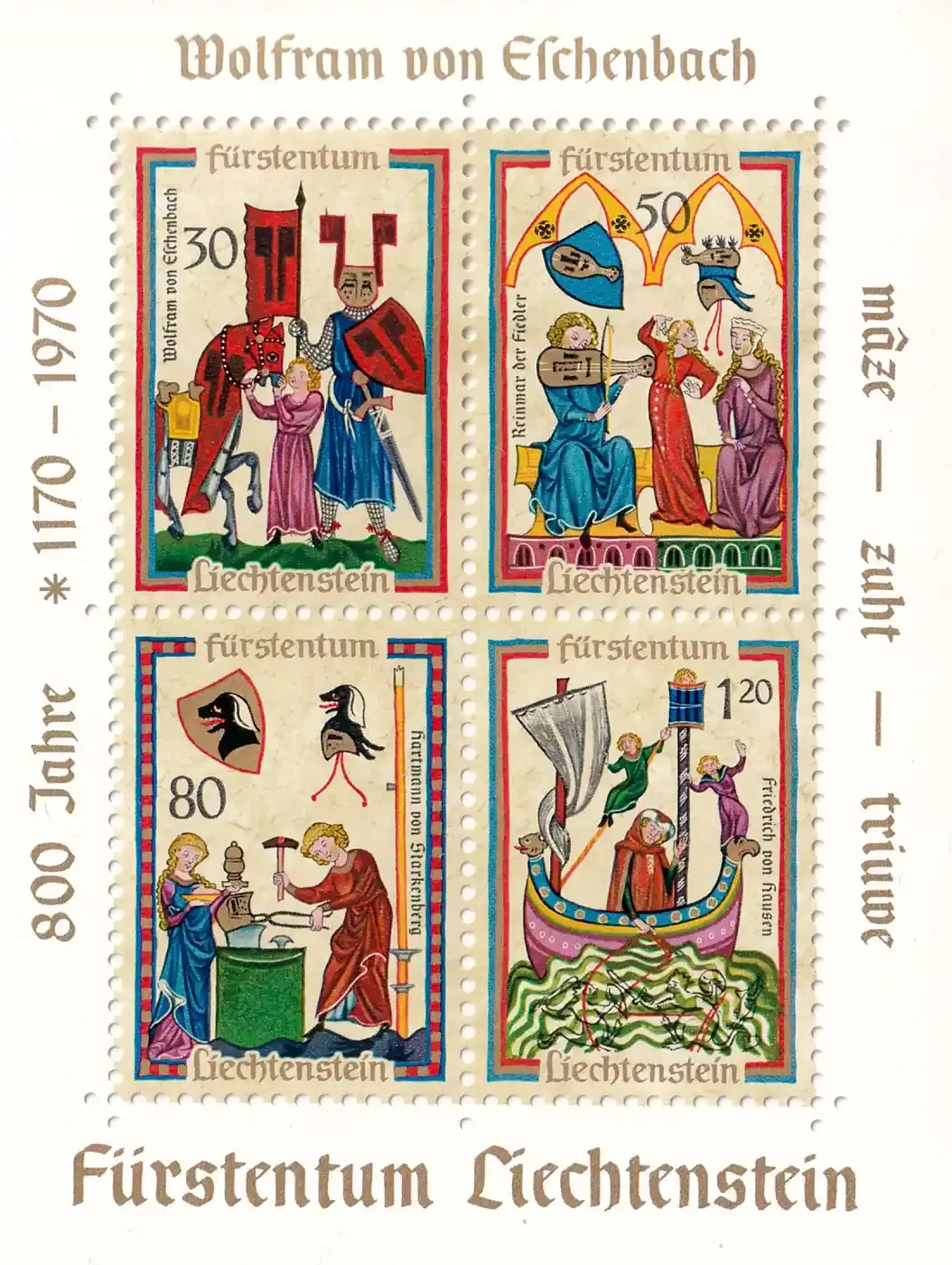 Liechtenstein 1970 Minnesingers, German poet-musicians (ss/4v). MNH(**) Liechtenstein 1970 Minnesingers, German poet-musicians (ss/4v). MNH(**)