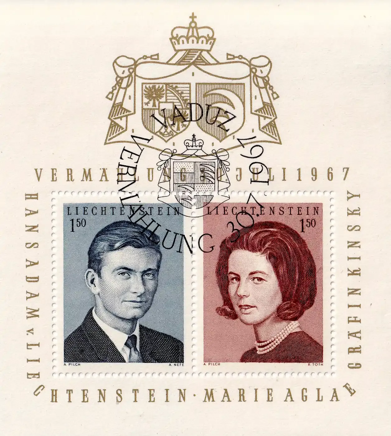 Liechtenstein 1967 The Wedding of Hans-Adam and Countess Marie Aglae Kinsky (ss/2v). CTO