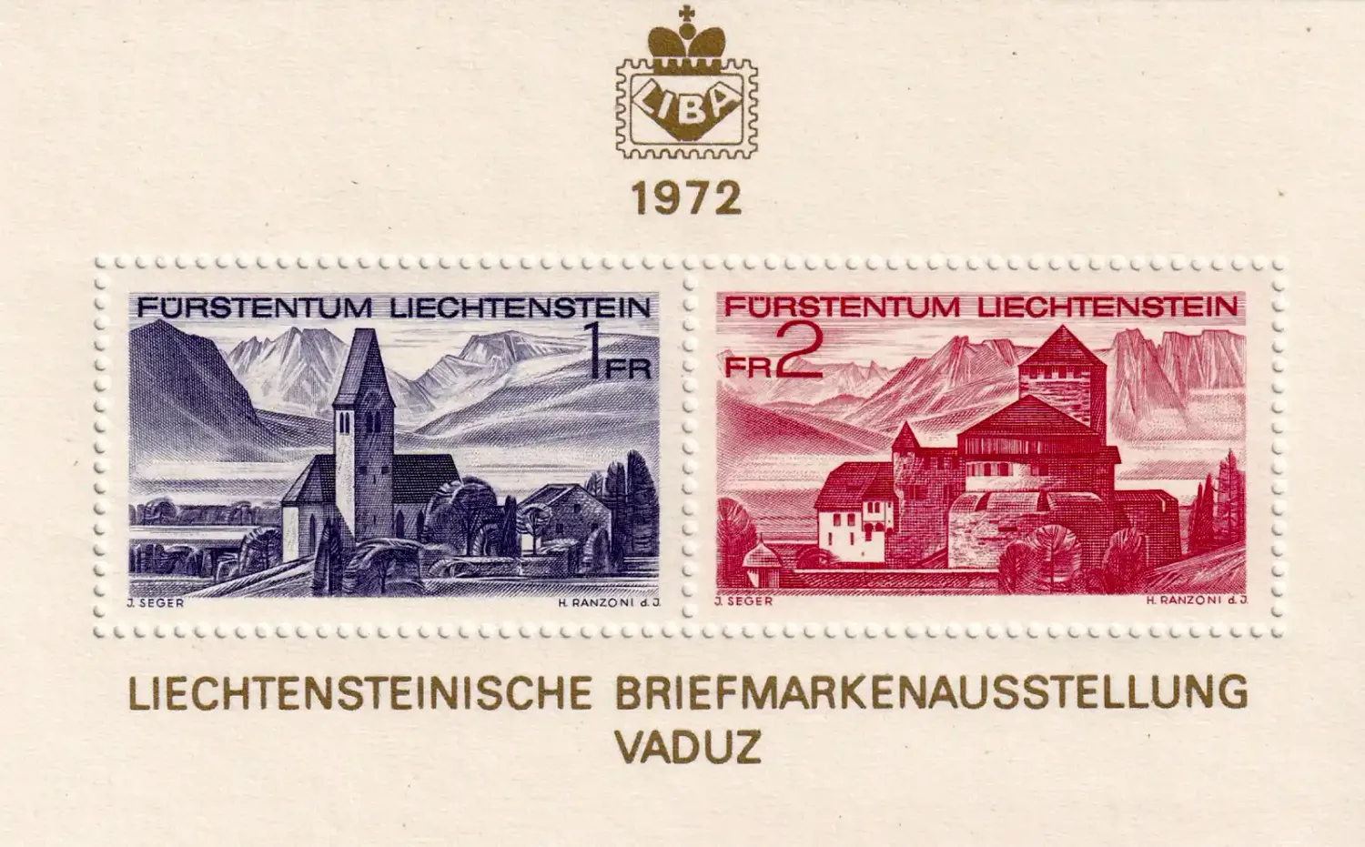 Liechtenstein 1972 The 7th Stamp Exhibition "LIBA `72", Vaduz (ss/2v). MNH(**) Liechtenstein 1972 The 7th Stamp Exhibition "LIBA `72", Vaduz (ss/2v). MNH(**)