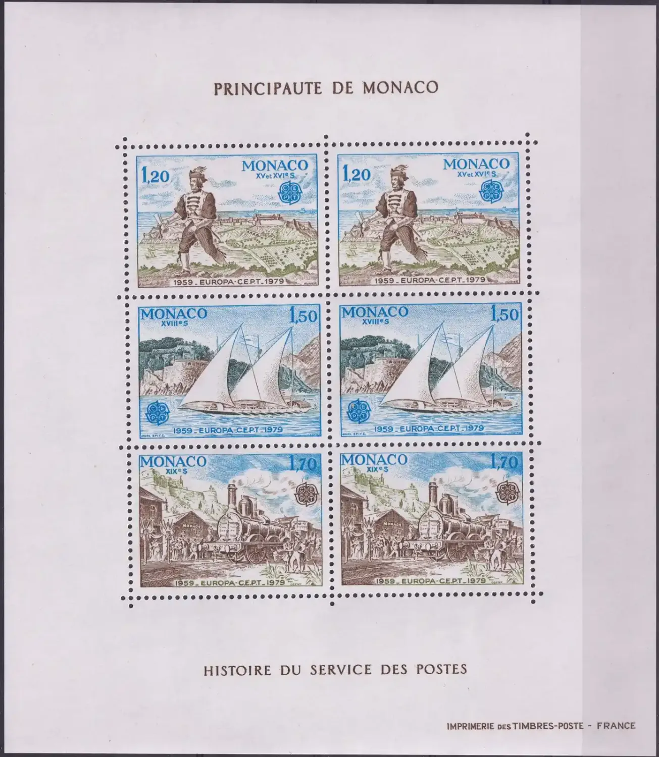 Monaco 1979 EUROPA Stamps - Post & Telecommunications. Ship, Train (ss/6v) MNH(**) Monaco 1979 EUROPA Stamps - Post & Telecommunications. Ship, Train (ss/6v) MNH(**)