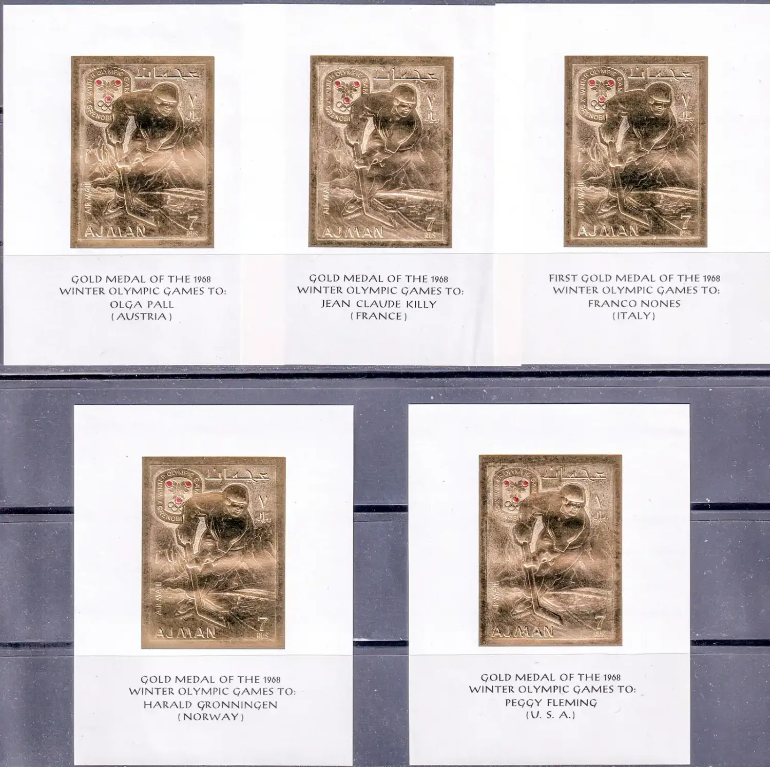 Ajman 1967 Winter Olympic Games (Gold Foil) - (Winners) Grenoble, France (5v) MNH(**) Ajman 1967 Winter Olympic Games (Gold Foil) - (Winners) Grenoble, France (5v) MNH(**)