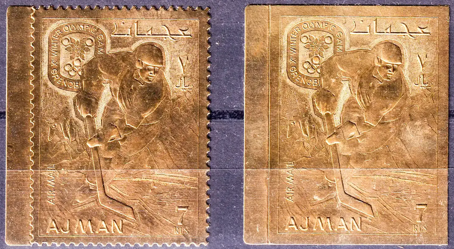 Ajman 1967 Winter Olympic Games (Gold Foil) - (Imperf+Perf) Grenoble, France (ss/1v) MNH(**) Ajman 1967 Winter Olympic Games (Gold Foil) - (Imperf+Perf) Grenoble, France (ss/1v) MNH(**)