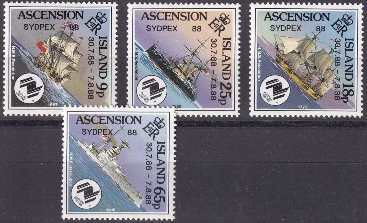 Ascension 1988 National Stamp Exhibition (Ships) "Sydpex '88" - Sydney, Ovpt "SYDPEX 88 30.7.88 - 7.8.88". MNH(**) Ascension 1988 National Stamp Exhibition (Ships) "Sydpex '88" - Sydney, Ovpt "SYDPEX 88 30.7.88 - 7.8.88". MNH(**)