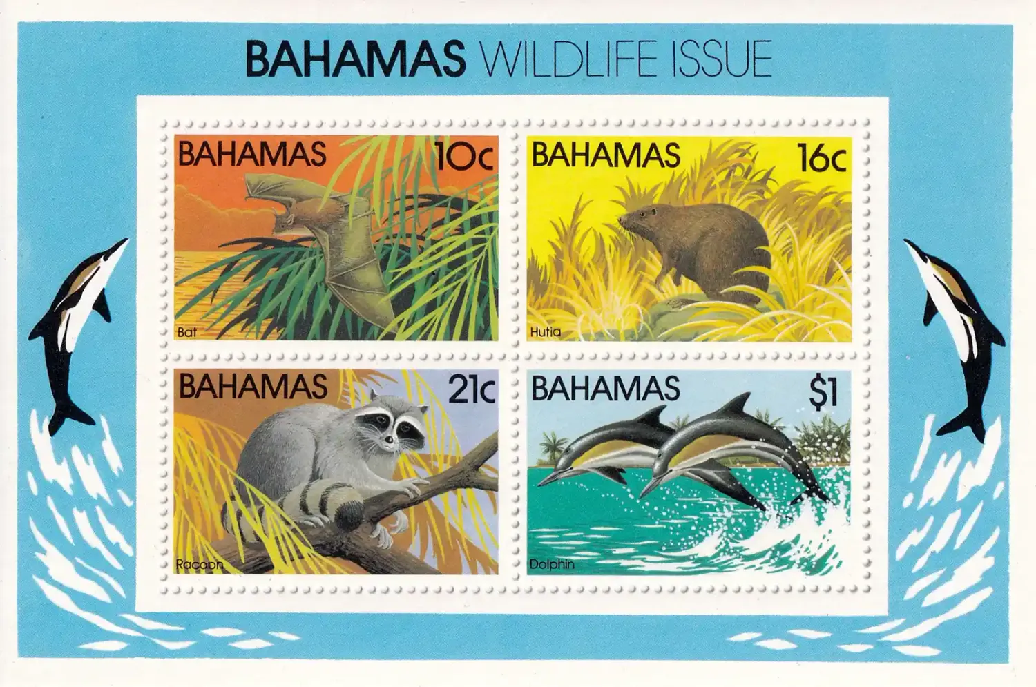 Bahamas 1982 Wildlife - Mammals, Dolphins, Bats (ss/4v)-MNH(**) Bahamas 1982 Wildlife - Mammals, Dolphins, Bats (ss/4v)-MNH(**)