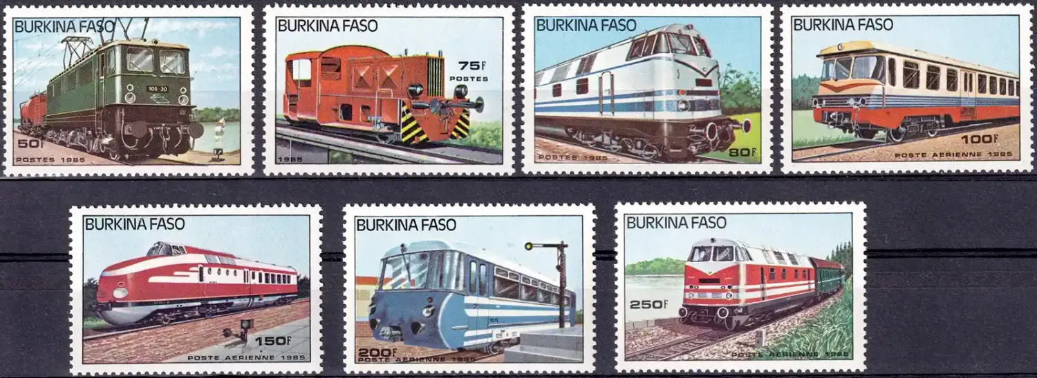 Burkina Faso1985 Trains (7v), MNH(**) Burkina Faso1985 Trains (7v), MNH(**)