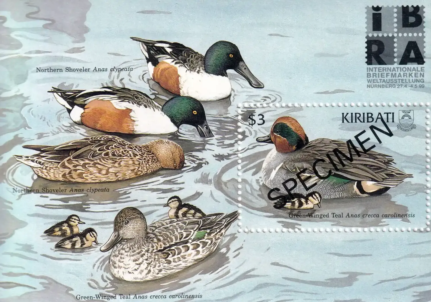 Kiribati 1999 Birds, Int. Stamp Exhibition "SPECIMEN" "iBRA '99" - Nuremberg, Germany - Ducks MNH(**) Kiribati 1999 Birds, Int. Stamp Exhibition "SPECIMEN" "iBRA '99" - Nuremberg, Germany - Ducks MNH(**)
