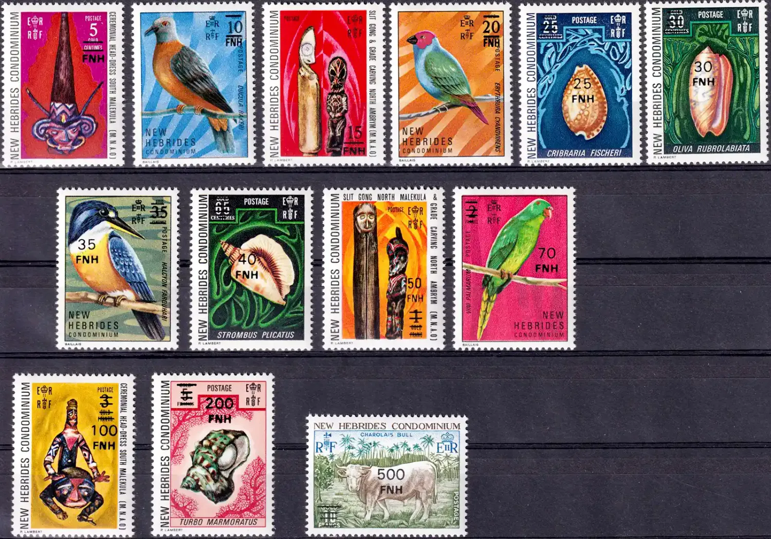 New Hebrides 1977 Local Motives "Surcharged". Birds, Shells and Native Art - English Version (13v)-MNH(**) New Hebrides 1977 Local Motives "Surcharged". Birds, Shells and Native Art - English Version (13v)-MNH(**)