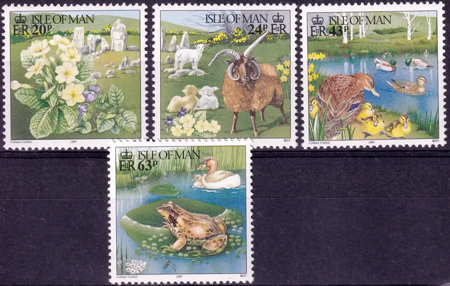 Isle of Man 1997 Spring Motifs, Pond life, Birds, Mammals, Flowers, Frogs (4v) MNH(**) Isle of Man 1997 Spring Motifs, Pond life, Birds, Mammals, Flowers, Frogs (4v) MNH(**)