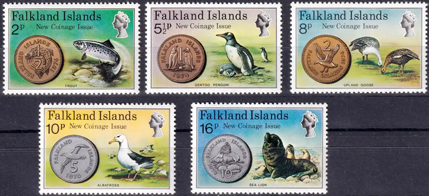 Falkland Islands 1975 New Coinage, Birds, Fish, Marine Life (5v). MNH(**) Falkland Islands 1975 New Coinage, Birds, Fish, Marine Life (5v). MNH(**)