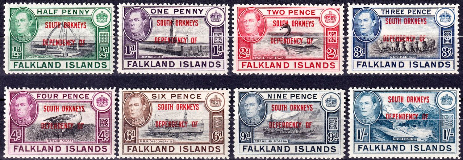 Falkland Islands 1944 Ovpt "South Orkneys". Birds, Mammals, Buildings (8v). MNH(**) Falkland Islands 1944 Ovpt "South Orkneys". Birds, Mammals, Buildings (8v). MNH(**)