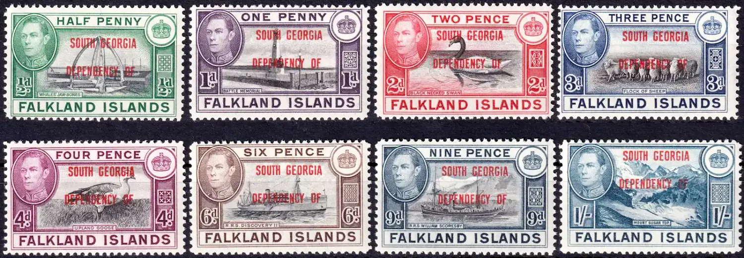 Falkland Islands 1944 Ovpt "South Georgia". Birds, Mammals, Buildings (8v). MNH(**) Falkland Islands 1944 Ovpt "South Georgia". Birds, Mammals, Buildings (8v). MNH(**)