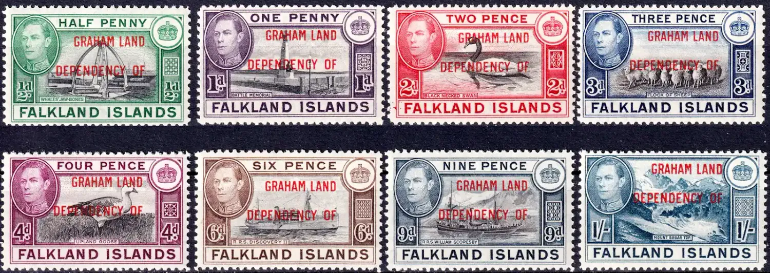 Falkland Islands 1944 Ovpt "Graham Land". Birds, Mammals, Buildings (8v). MNH(**) Falkland Islands 1944 Ovpt "Graham Land". Birds, Mammals, Buildings (8v). MNH(**)