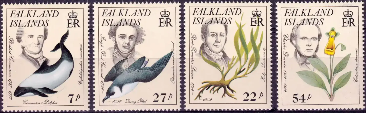 Falkland Islands 1985 Early Naturalists, Flowers, Birds, Marine Life (4v). MNH(**)