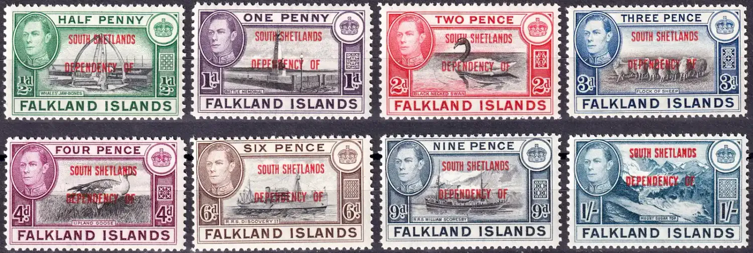 Falkland Islands 1944 Ovpt "South Shetlands". Birds, Mammals, Buildings (8v). MNH(**) Falkland Islands 1944 Ovpt "South Shetlands". Birds, Mammals, Buildings (8v). MNH(**)