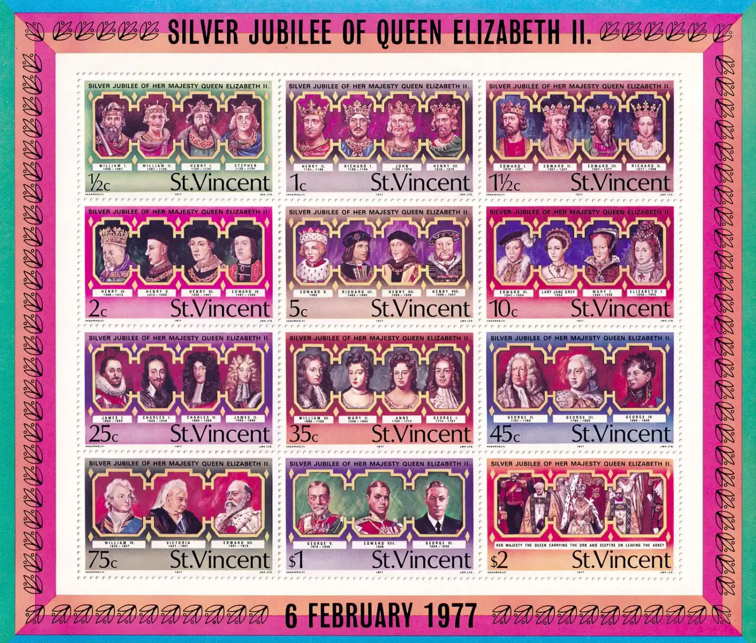 St. Vincent 1977 The 25th Anniv of the Regency of Queen Elizabeth II (ss/12v) MNH(**) St. Vincent 1977 The 25th Anniv of the Regency of Queen Elizabeth II (ss/12v) MNH(**)