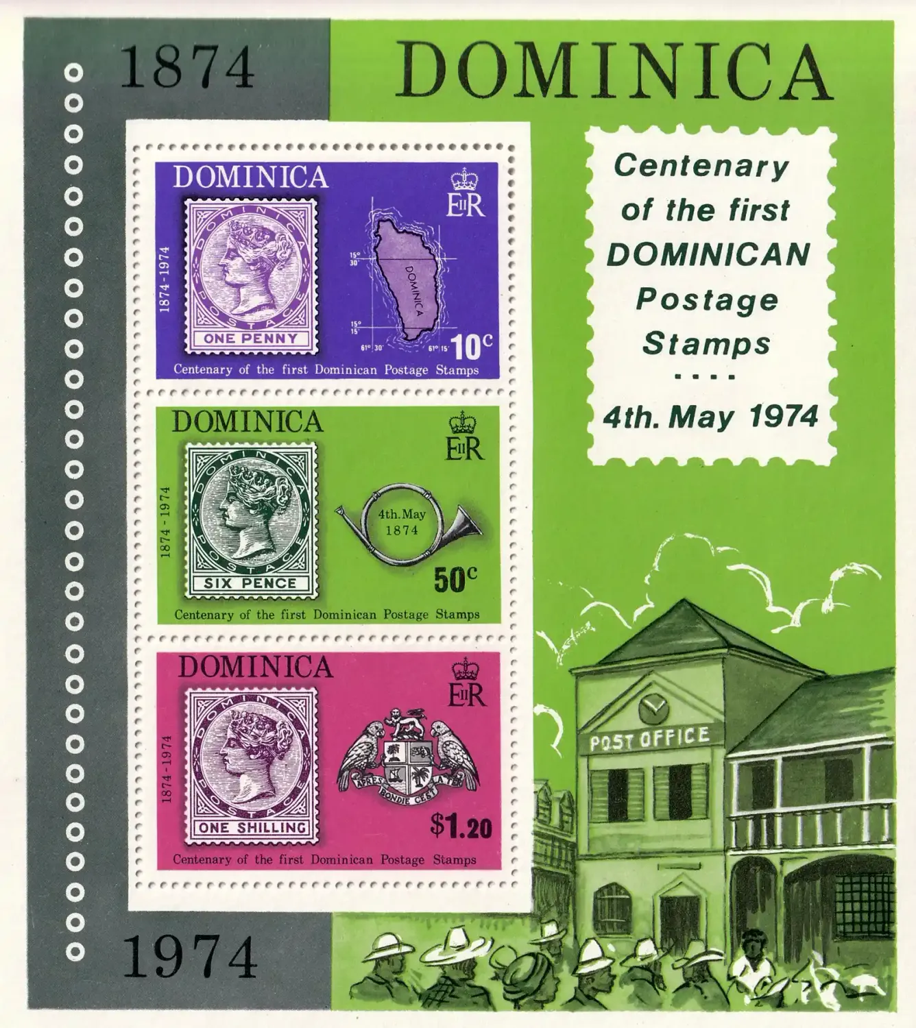 Dominica 1974 The 100th Anniv of the Stamps of Dominical (ss/3v)-MNH(**) Dominica 1974 The 100th Anniv of the Stamps of Dominical (ss/3v)-MNH(**)