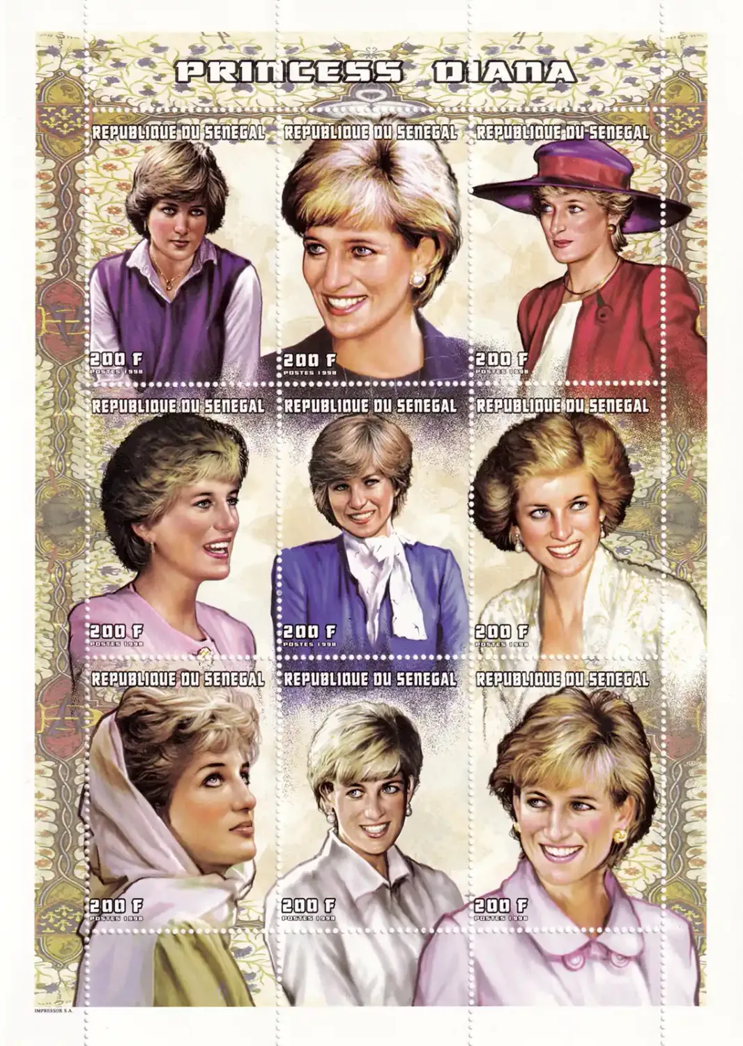 Senegal 1998 Diana, Princess of Wales Commemoration, 1961-1997 (ss/9v). MNH(**) Senegal 1998 Diana, Princess of Wales Commemoration, 1961-1997 (ss/9v). MNH(**)