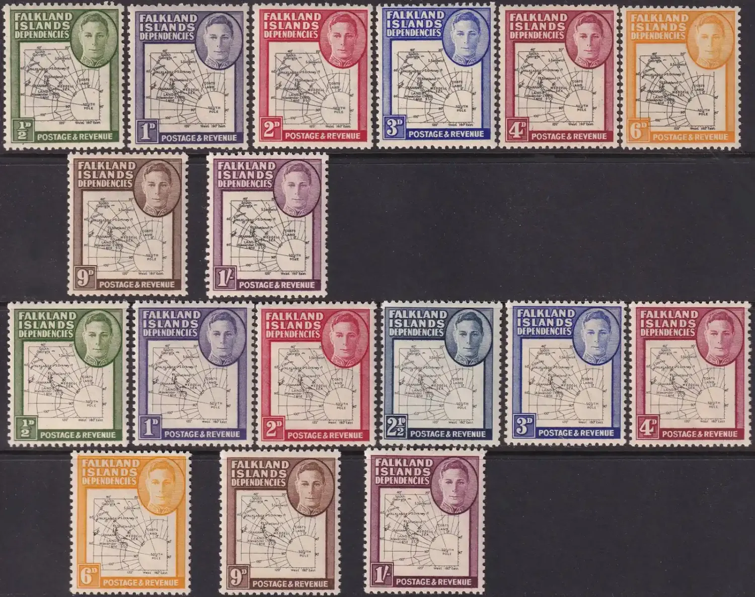 Falkland Islands Dependencies 1946 King George VI - Map of Falkland Islands. Both types: thin $ thick. (17v) MLH(*) Falkland Islands Dependencies 1946 King George VI - Map of Falkland Islands. Both types: thin $ thick. (17v) MLH(*)