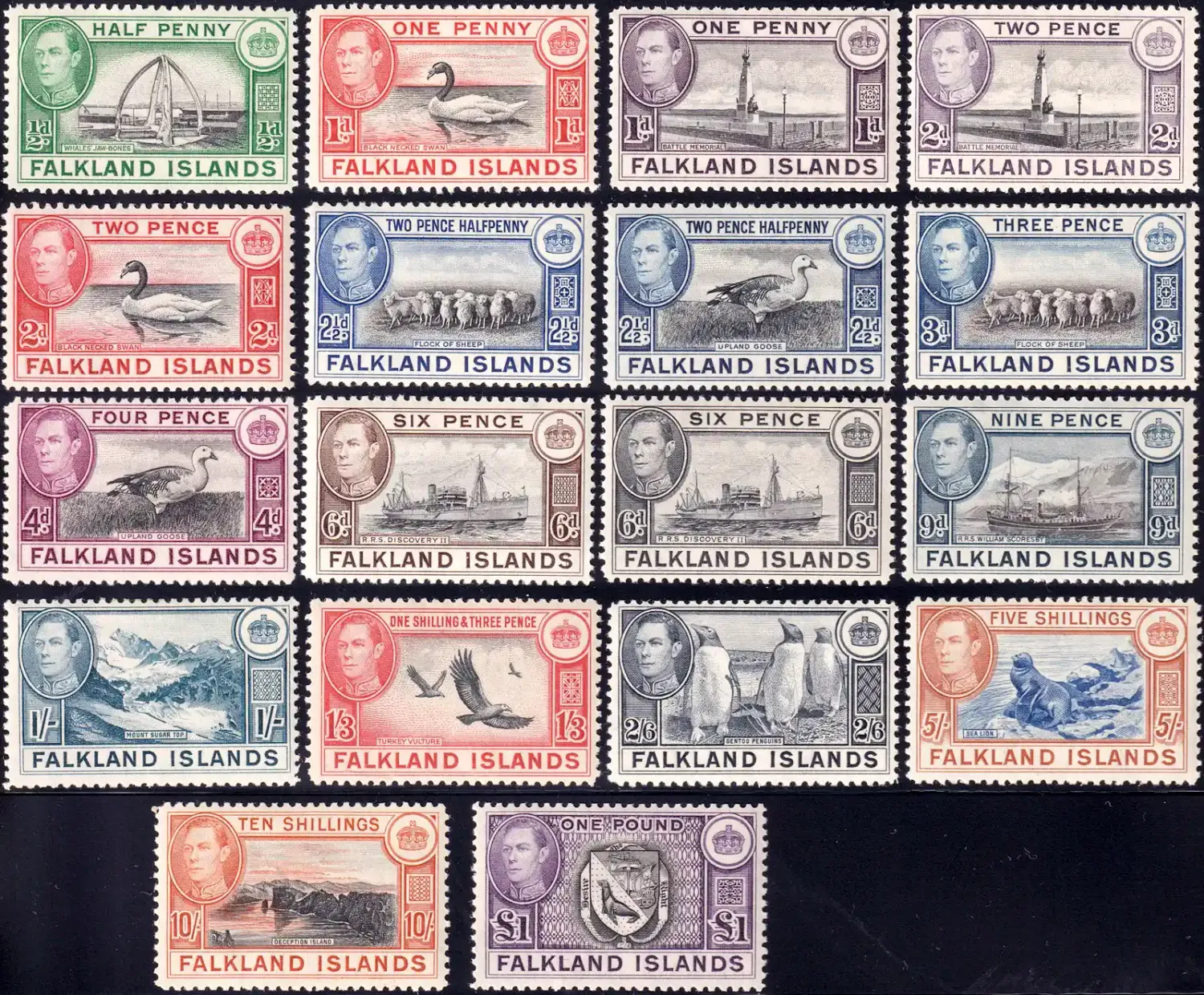 Falkland Islands 1938 King George VI - Local Motives, Birds, Ships, Mammals, Scenic Views (18v). MLH(*) CV £475 Falkland Islands 1938 King George VI - Local Motives, Birds, Ships, Mammals, Scenic Views (18v). MLH(*) CV £475