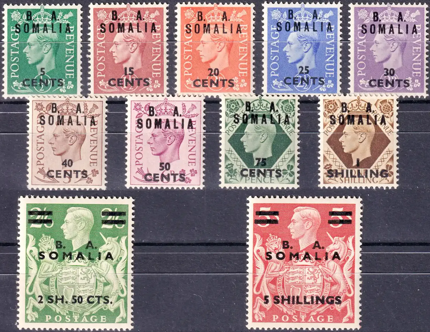 BA Somalia 1950 KGV1 Great Britain Postage Stamps Overprinted "B.A. SOMALIA" & Surcharged. MNH(**) BA Somalia 1950 KGV1 Great Britain Postage Stamps Overprinted "B.A. SOMALIA" & Surcharged. MNH(**)