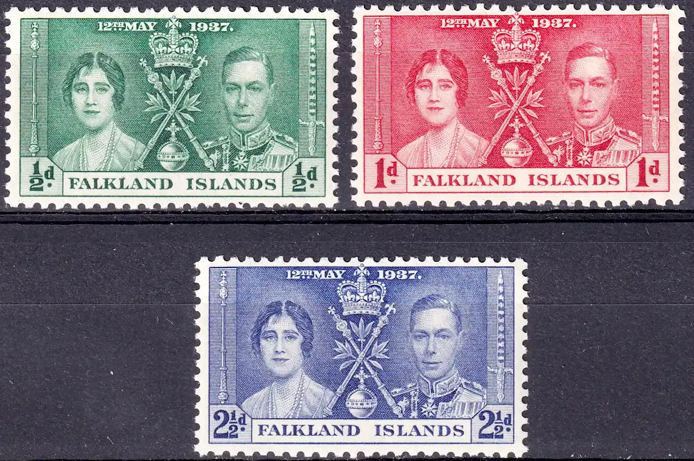 Falkland Islands 1937 Coronation of King George V and Queen Elizabeth (3v). MNH(**) Falkland Islands 1937 Coronation of King George V and Queen Elizabeth (3v). MNH(**)